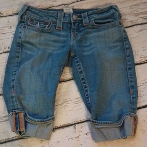 True Religion Y2K Sophie Blue Light Wash Flap Pocket Low Rise Bermuda Shorts 26